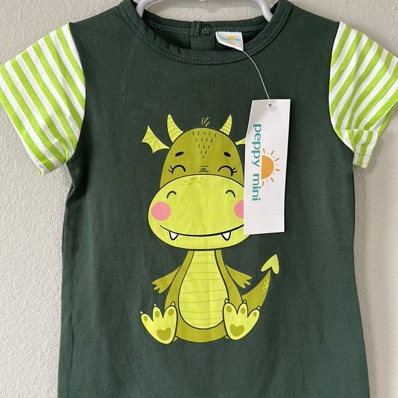 NWT Peppy Mini 2T Toddler Green Dragon Stripes Short Sleeve Romper - Picture 3 of 9
